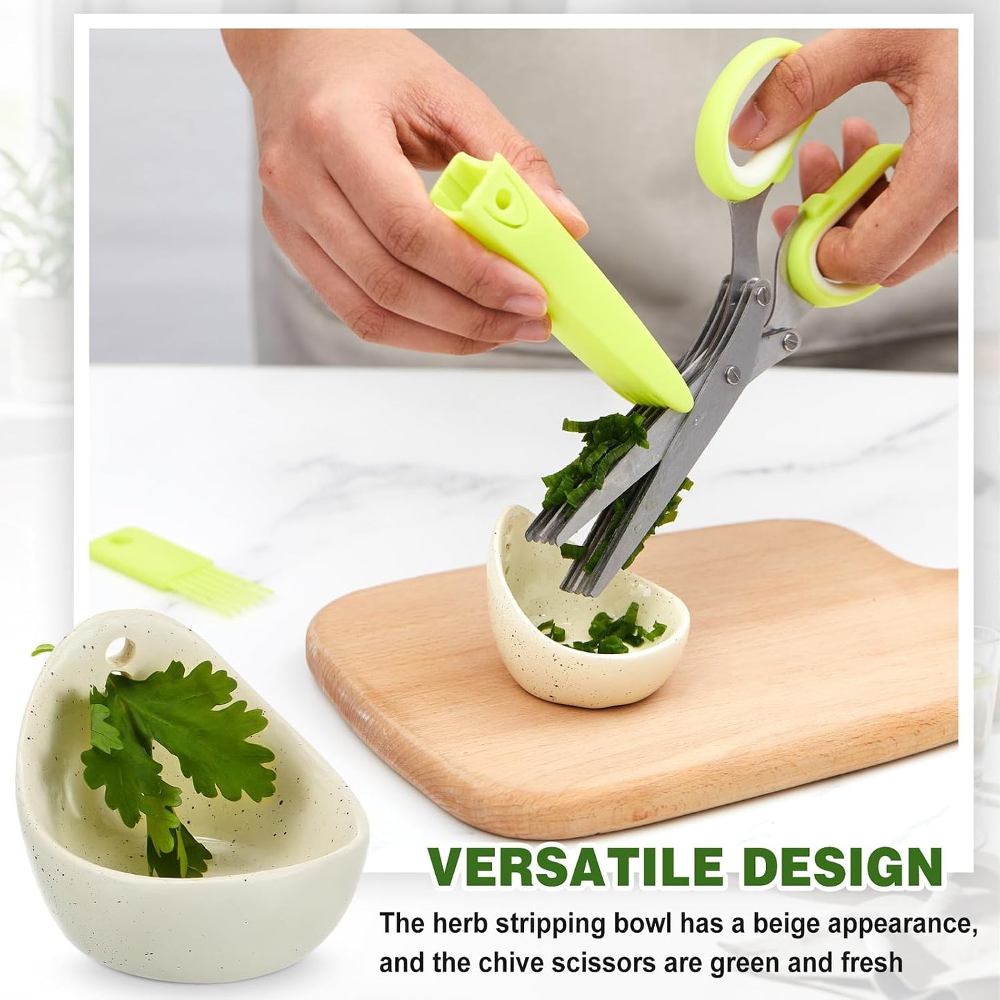 Herb Scissors 5 Blade with Cleaning Comb, Herb Stripper Bowl with 4 Hole Sizes, Cutter for Basil, Chives, Parsley, Kitchen Cutting Tool Set