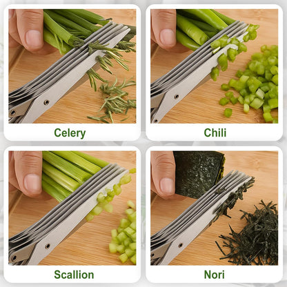Herb Scissors 5 Blade with Cleaning Comb, Herb Stripper Bowl with 4 Hole Sizes, Cutter for Basil, Chives, Parsley, Kitchen Cutting Tool Set