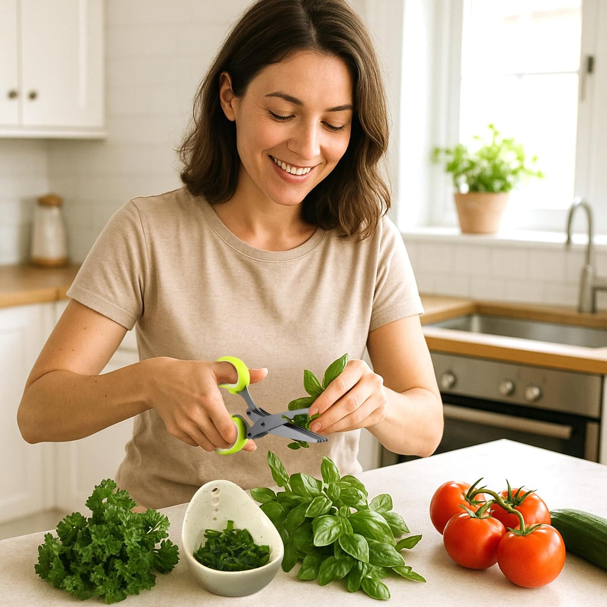 Herb Scissors 5 Blade with Cleaning Comb, Herb Stripper Bowl with 4 Hole Sizes, Cutter for Basil, Chives, Parsley, Kitchen Cutting Tool Set