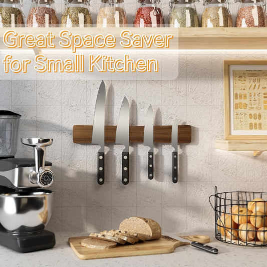 Magnetic Knife Holder for Wall, 16 Inch Acacia Wood Magnetic Knife Strip | Strong magnets secure knives, smooth bamboo helps protect blades, while screw or adhesive mounting saves counter space