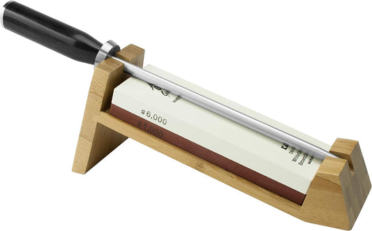 Cutlery 3-Piece Whetstone Sharpening System, Includes Whetstone, 9” Honing Steel and Bamboo Stand, Knife Sharpener for Professional and Home Chefs
