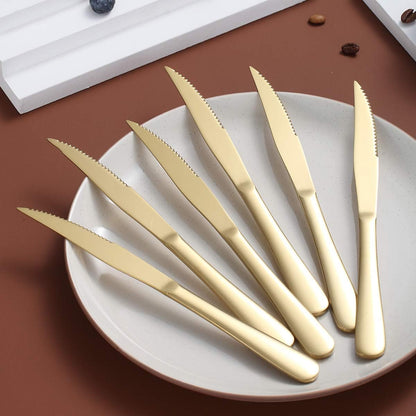 Gold Steak Knife Set, Kyrtaon Golden Serrated Knife, Titanium Gold Plating Stainless Steel Sharp Knives Set, Dinner Knifes Set of 8, Dishwasher Safe Sturdy And Easy To Clean