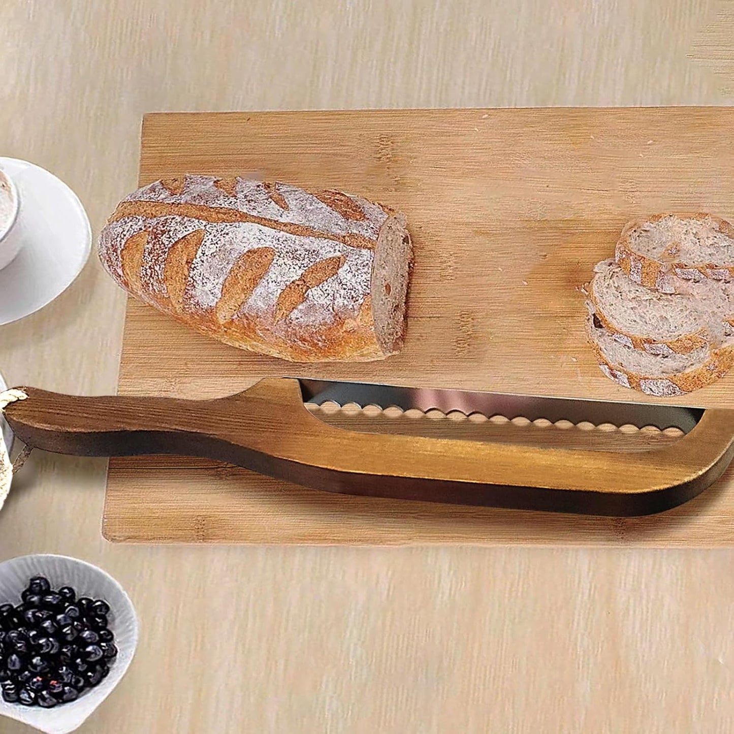 Bread Knife - for Homemade Bread, 16.4" Wooden Sourdough Bread Slicer with Bow Design, Premium Stainless Steel Serrated Saw Bread Cutter for Bagels, Baguettes
