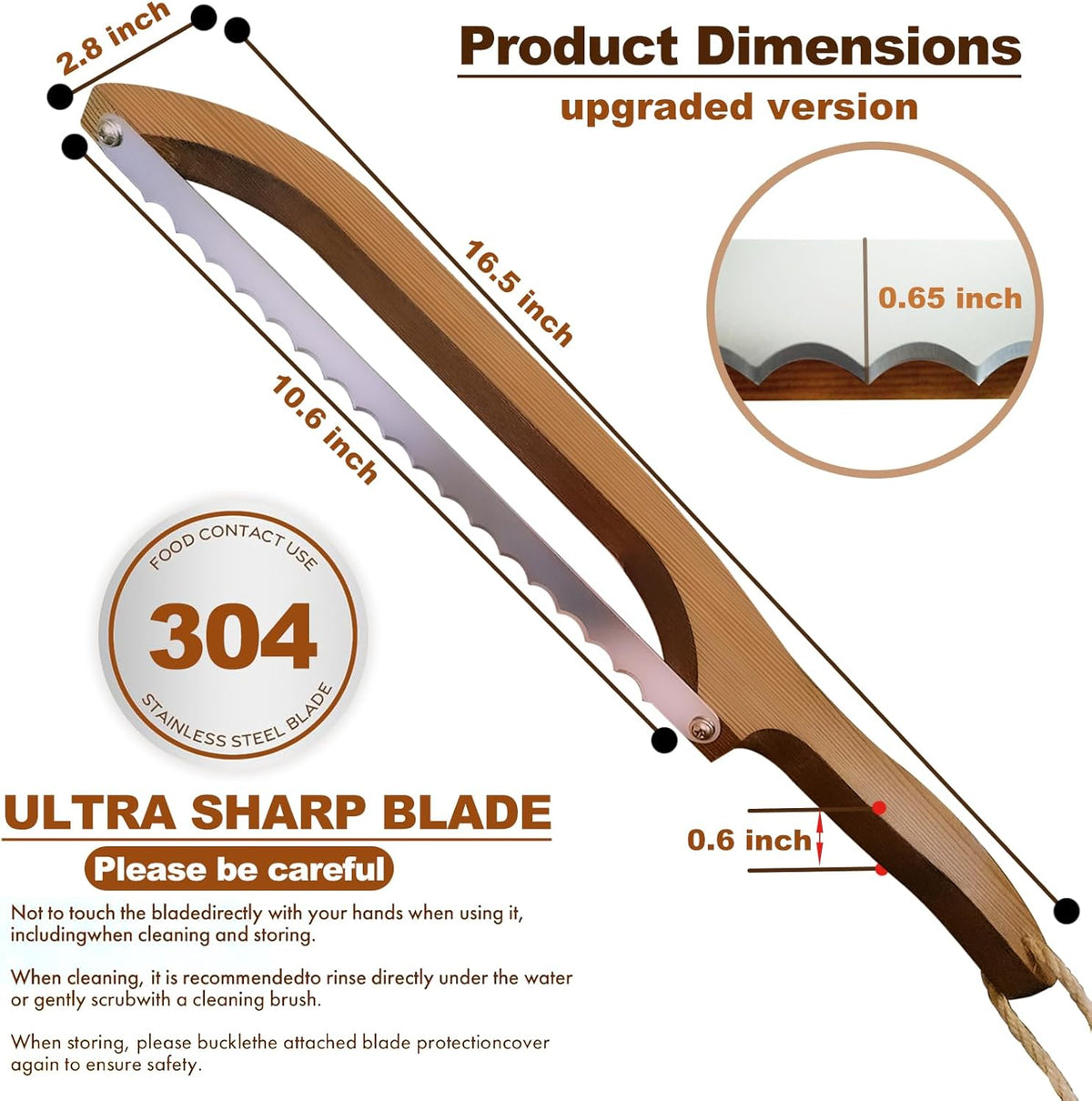 Bread Knife - for Homemade Bread, 16.4" Wooden Sourdough Bread Slicer with Bow Design, Premium Stainless Steel Serrated Saw Bread Cutter for Bagels, Baguettes