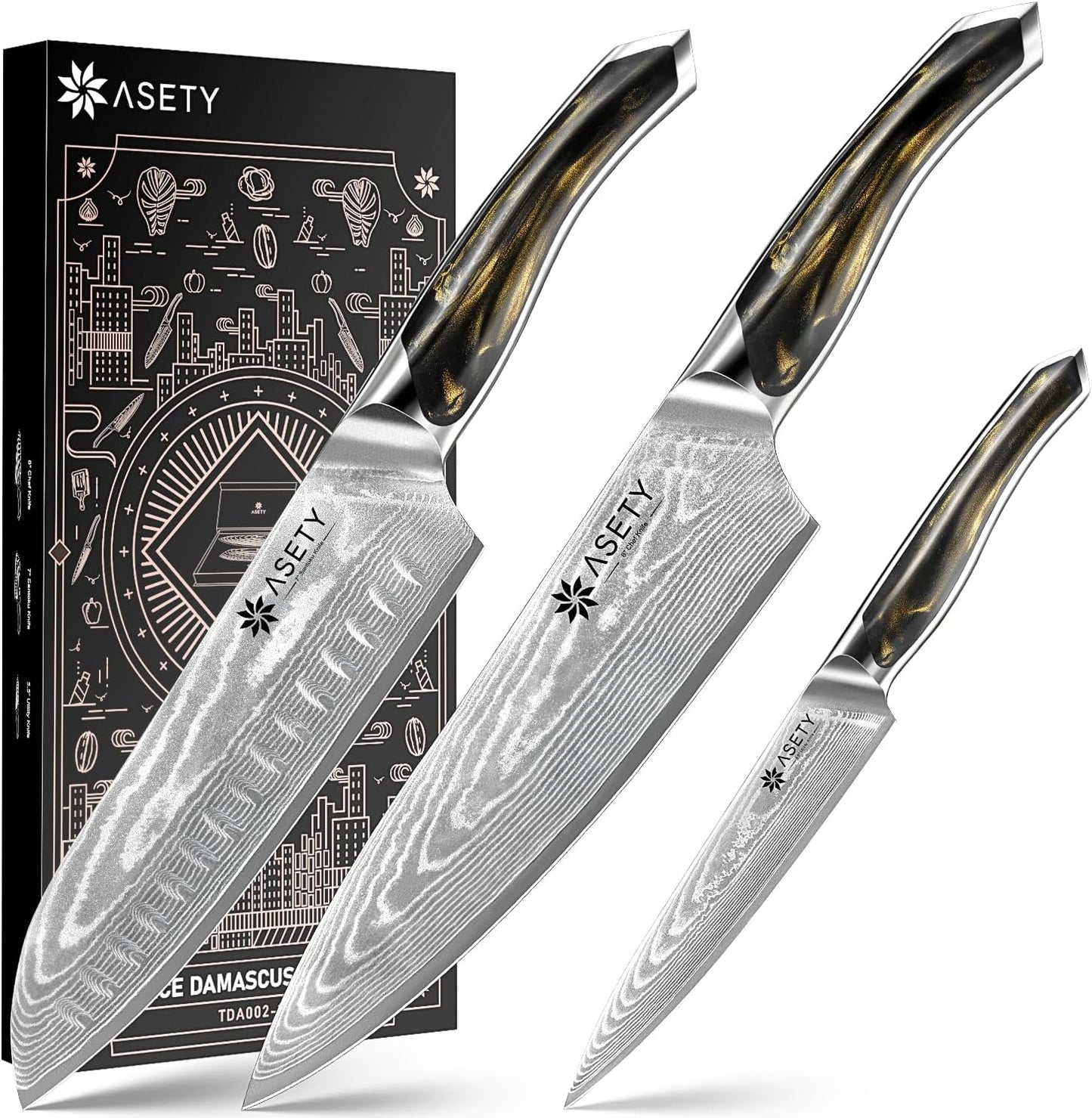 Damascus Knife Set 3 PCS, Japanese Chef Knife Set with Resin Handle | Ultra-Sharp Professional Kitchen Knives, 67-Layer Damascus Kitchen Knife Set with VG10 Steel Core, Elegant Box for Men Women