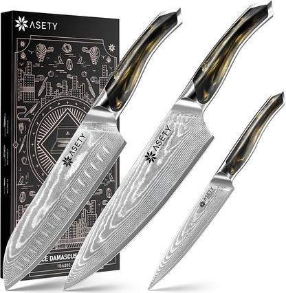 Damascus Knife Set 3 PCS, Japanese Chef Knife Set with Resin Handle | Ultra-Sharp Professional Kitchen Knives, 67-Layer Damascus Kitchen Knife Set with VG10 Steel Core, Elegant Box for Men Women