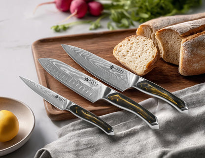 Damascus Knife Set 3 PCS, Japanese Chef Knife Set with Resin Handle | Ultra-Sharp Professional Kitchen Knives, 67-Layer Damascus Kitchen Knife Set with VG10 Steel Core, Elegant Box for Men Women