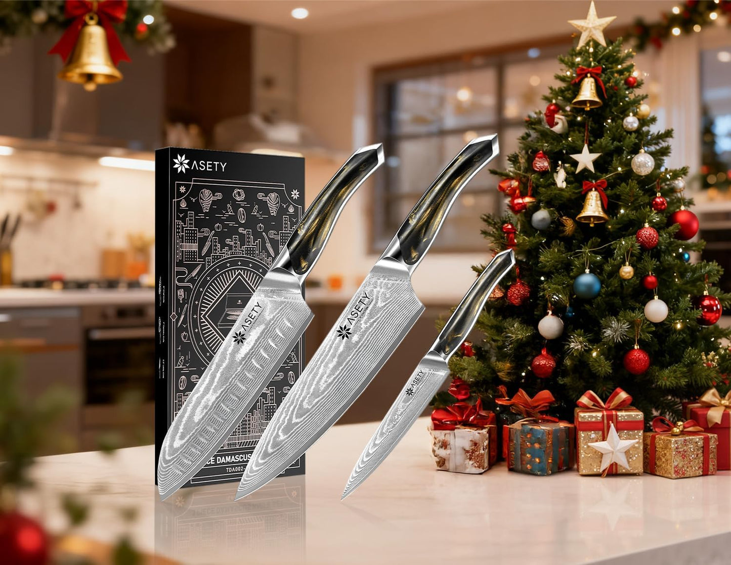 Damascus Knife Set 3 PCS, Japanese Chef Knife Set with Resin Handle | Ultra-Sharp Professional Kitchen Knives, 67-Layer Damascus Kitchen Knife Set with VG10 Steel Core, Elegant Box for Men Women
