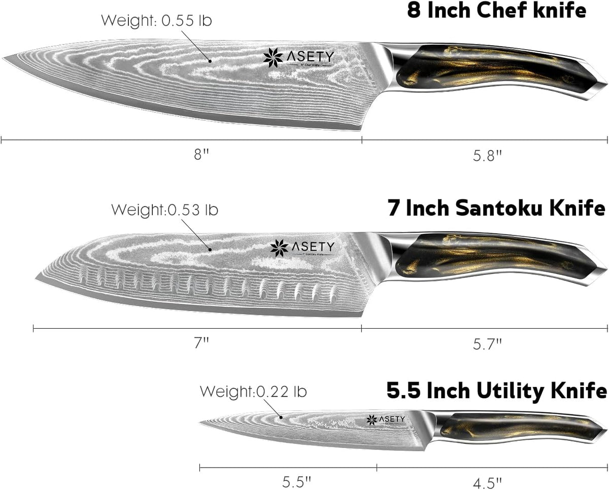 Damascus Knife Set 3 PCS, Japanese Chef Knife Set with Resin Handle | Ultra-Sharp Professional Kitchen Knives, 67-Layer Damascus Kitchen Knife Set with VG10 Steel Core, Elegant Box for Men Women