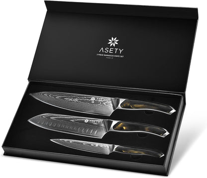 Damascus Knife Set 3 PCS, Japanese Chef Knife Set with Resin Handle | Ultra-Sharp Professional Kitchen Knives, 67-Layer Damascus Kitchen Knife Set with VG10 Steel Core, Elegant Box for Men Women