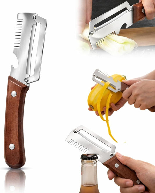 3-1 Multi-functional Vegetable Peeler, 2026 New Ktchen Multi-function Stainless Steel Thickened Fruit Peeler Knife with Wooden Handle,Suitable for Peeling Fruits and Shredding Scallions (1PCS)