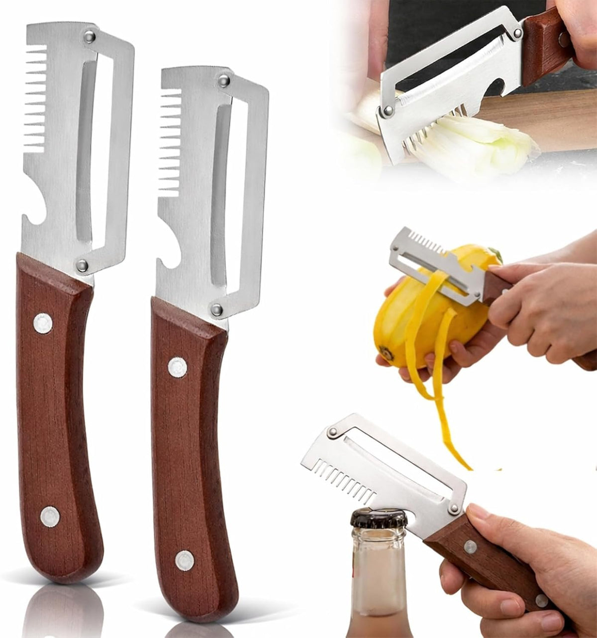 3-1 Multi-functional Vegetable Peeler, 2026 New Ktchen Multi-function Stainless Steel Thickened Fruit Peeler Knife with Wooden Handle,Suitable for Peeling Fruits and Shredding Scallions (1PCS)