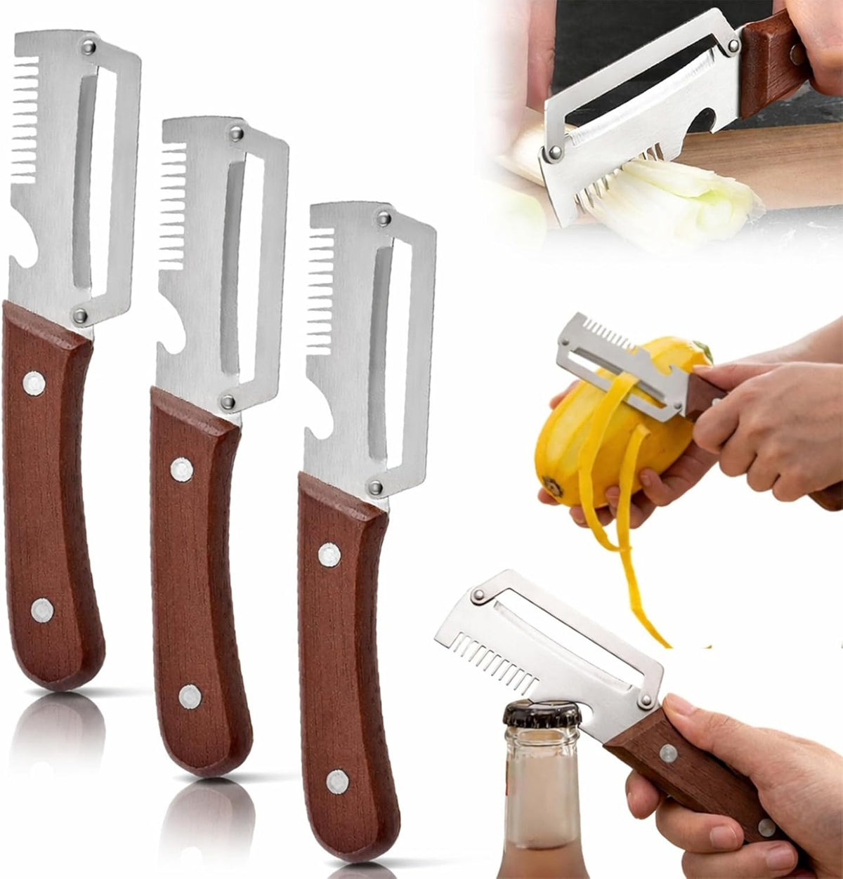 3-1 Multi-functional Vegetable Peeler, 2026 New Ktchen Multi-function Stainless Steel Thickened Fruit Peeler Knife with Wooden Handle,Suitable for Peeling Fruits and Shredding Scallions (1PCS)