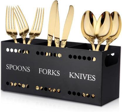 Silverware Caddy Flatware Cutlery Holder Metal Silverware Organizer Containers Black Kitchen Utensil Holder for Countertop Spoon and Fork Holder Flatware Utensils Caddy for Party
