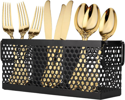 Silverware Caddy Flatware Cutlery Holder Metal Silverware Organizer Containers Black Kitchen Utensil Holder for Countertop Spoon and Fork Holder Flatware Utensils Caddy for Party