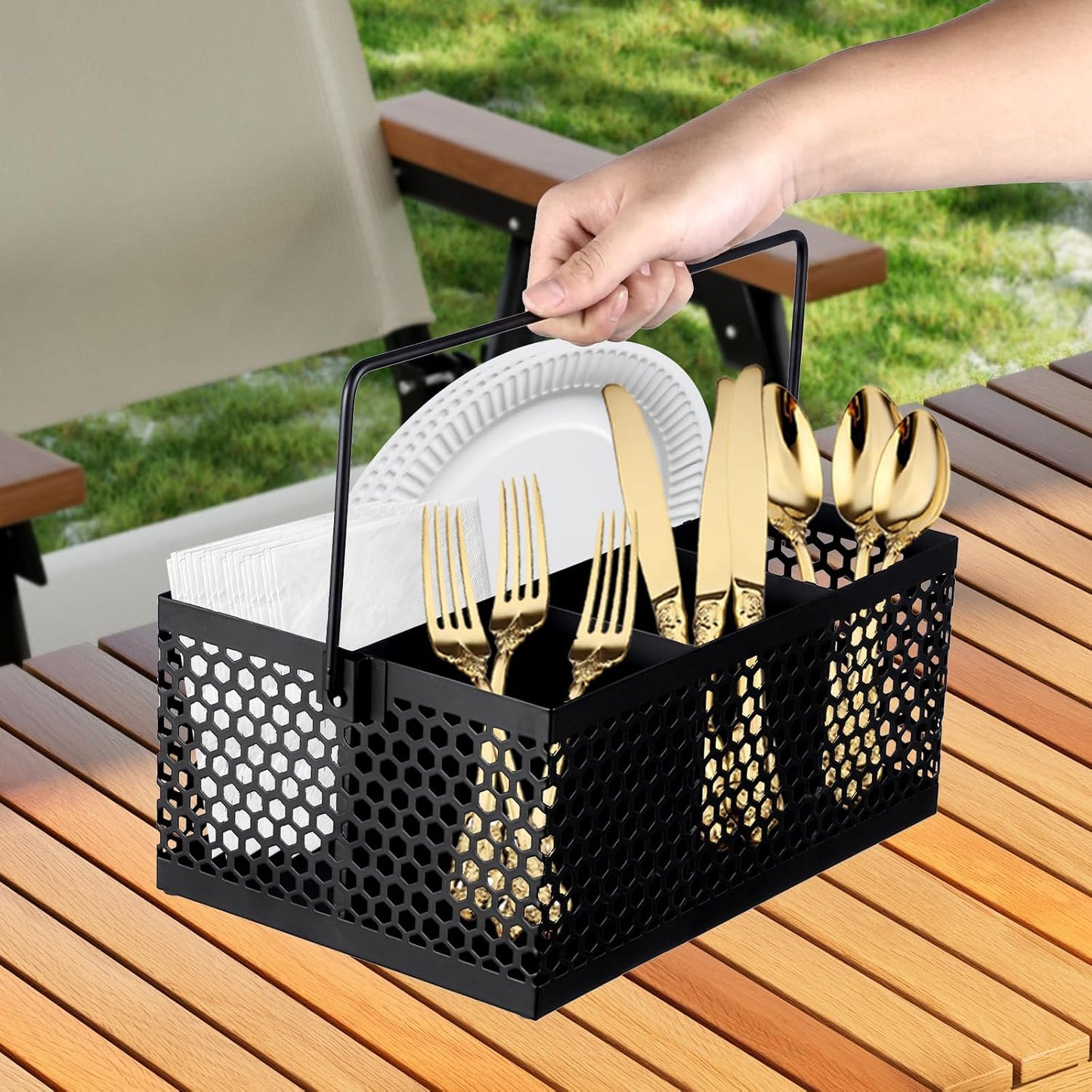 Silverware Caddy Flatware Cutlery Holder Metal Silverware Organizer Containers Black Kitchen Utensil Holder for Countertop Spoon and Fork Holder Flatware Utensils Caddy for Party