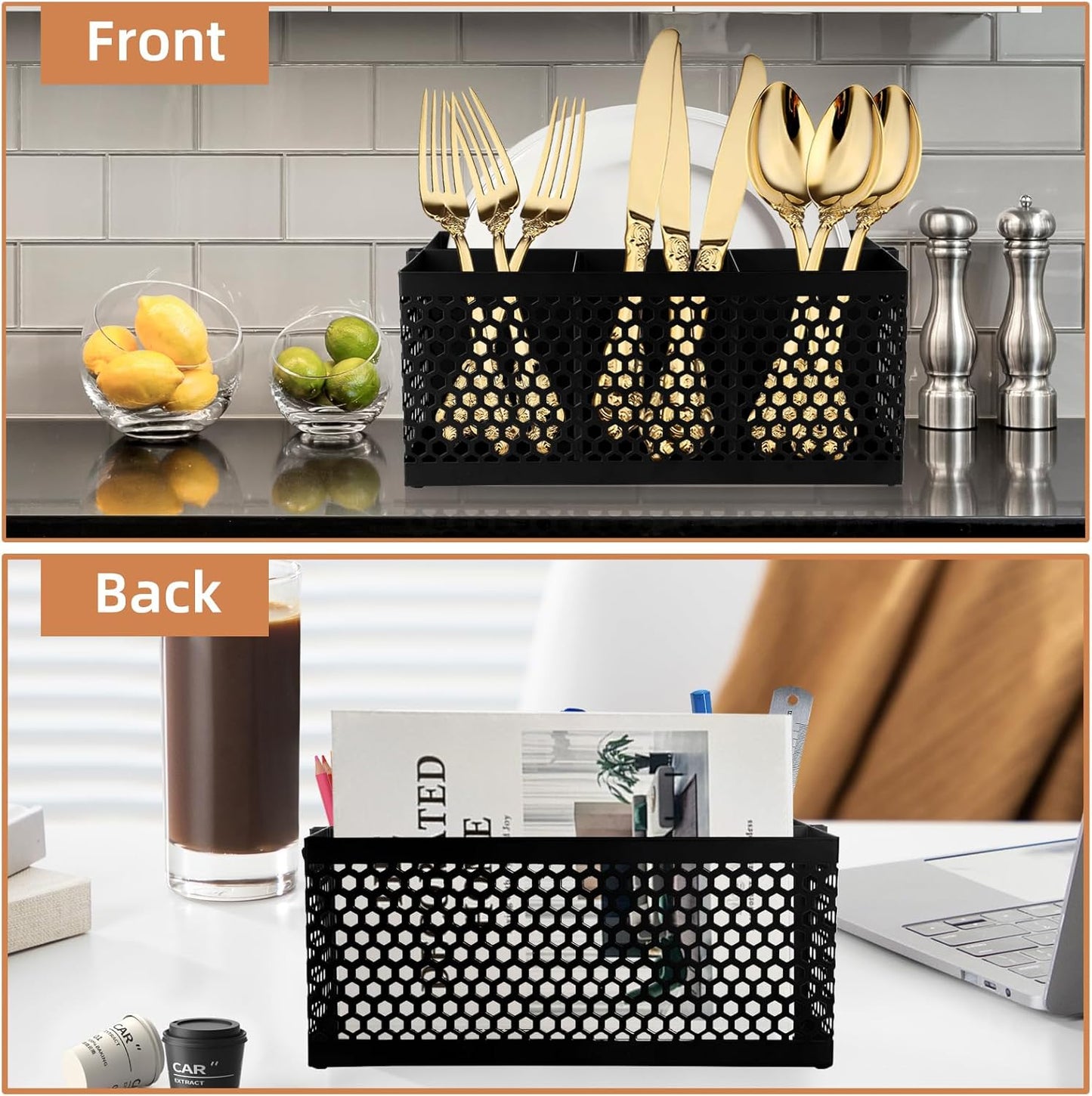 Silverware Caddy Flatware Cutlery Holder Metal Silverware Organizer Containers Black Kitchen Utensil Holder for Countertop Spoon and Fork Holder Flatware Utensils Caddy for Party