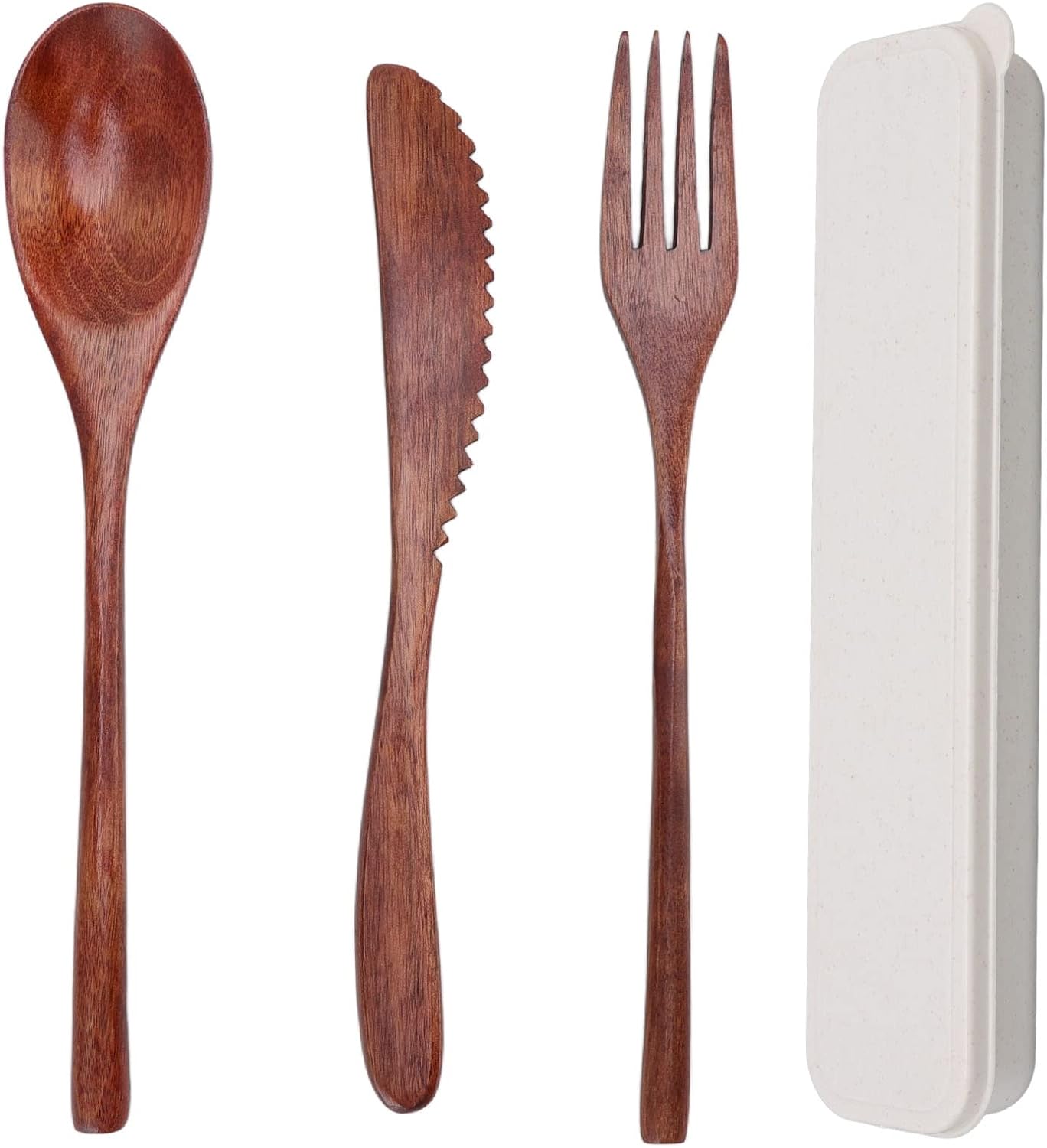 Wooden Cutlery Set, 3 PCS Wooden Spoon Fork Knife for Eating, Wooden Utensil Reusable Dinner Set with Case, Kitchen Flatware Set Travel Cutlery