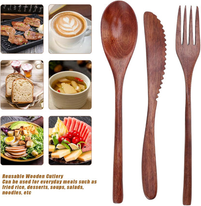 Wooden Cutlery Set, 3 PCS Wooden Spoon Fork Knife for Eating, Wooden Utensil Reusable Dinner Set with Case, Kitchen Flatware Set Travel Cutlery
