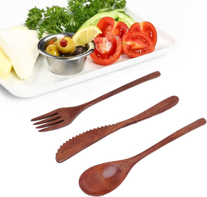 Wooden Cutlery Set, 3 PCS Wooden Spoon Fork Knife for Eating, Wooden Utensil Reusable Dinner Set with Case, Kitchen Flatware Set Travel Cutlery