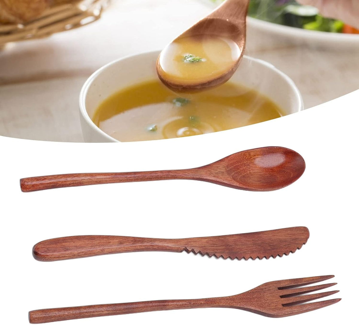 Wooden Cutlery Set, 3 PCS Wooden Spoon Fork Knife for Eating, Wooden Utensil Reusable Dinner Set with Case, Kitchen Flatware Set Travel Cutlery