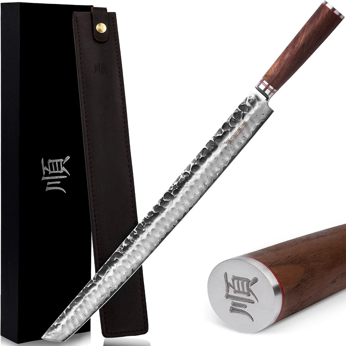Sakimaru Ultimate Yanagiba Knife - 17 inch (430mm) Sujihiki, Natural Walnut Handle, Leather Sheath, Gift Box
