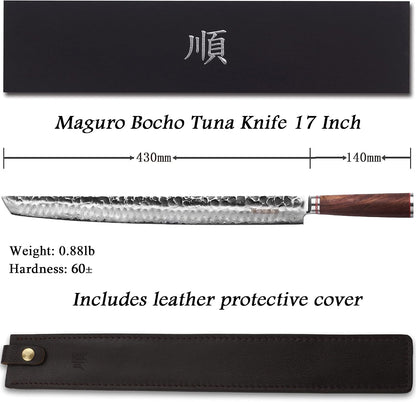 Sakimaru Ultimate Yanagiba Knife - 17 inch (430mm) Sujihiki, Natural Walnut Handle, Leather Sheath, Gift Box