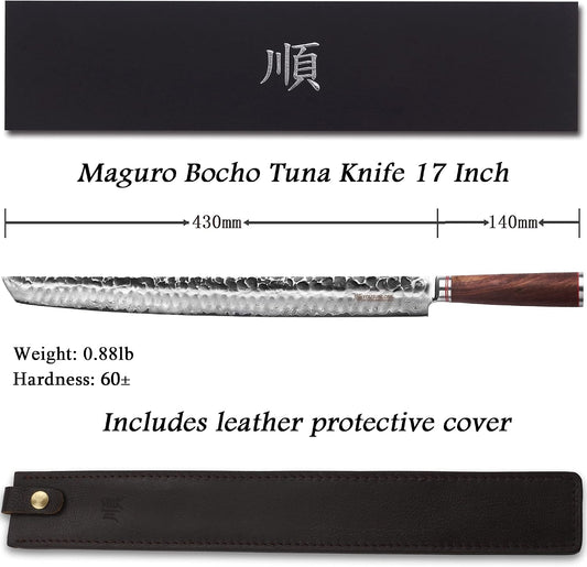 Sakimaru Ultimate Yanagiba Knife - 17 inch (430mm) Sujihiki, Natural Walnut Handle, Leather Sheath, Gift Box