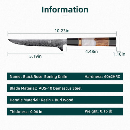 Boning Knife 5.5 Inch, Sharp Trimming & Fillet Knife for Meat, Brisket & Fish, Japanese Style (BLACK-ROSE Series)