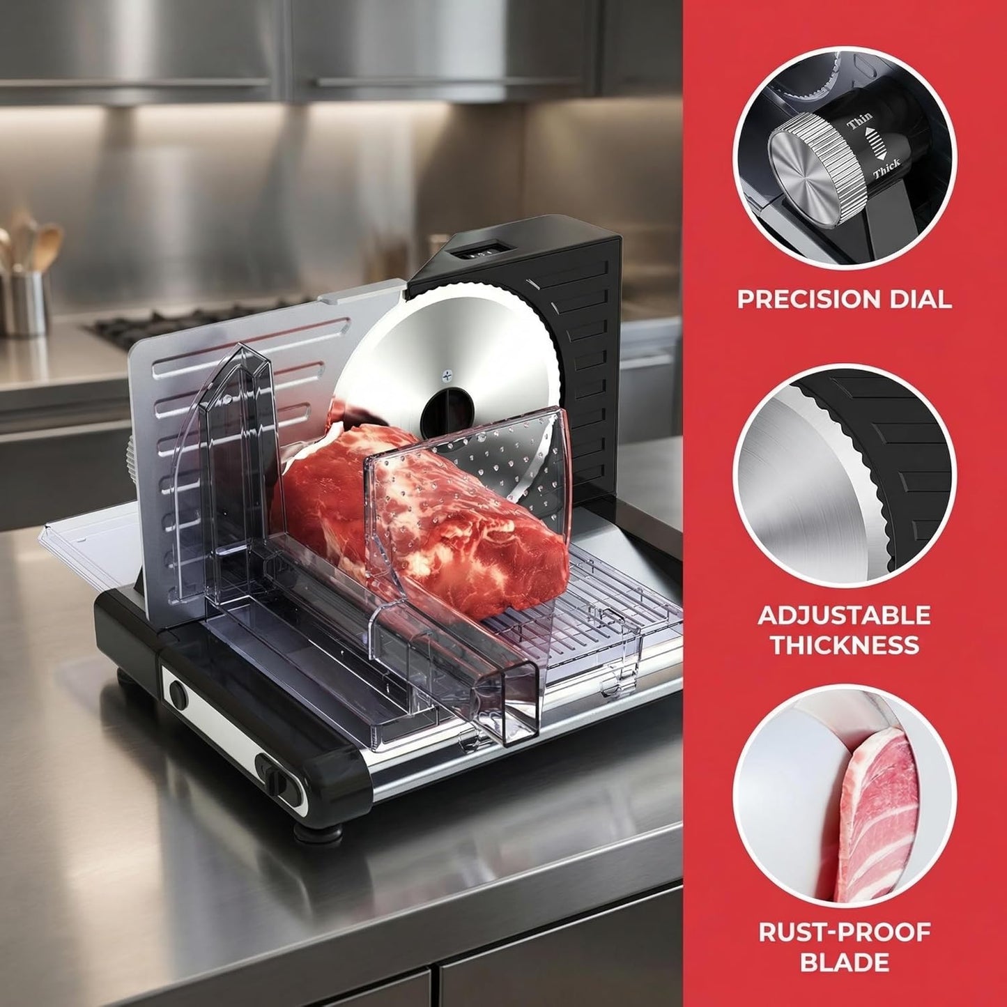Meat Slicer Machine for Home, Foldable 120W Electric Jerky Food Slicer Adjustable 0-15mm Thickness for Frozen Deli Meat Cutter Cheese Bread Slicers, 7.5" Stainless Steel Blade & Food Pusher for Safety