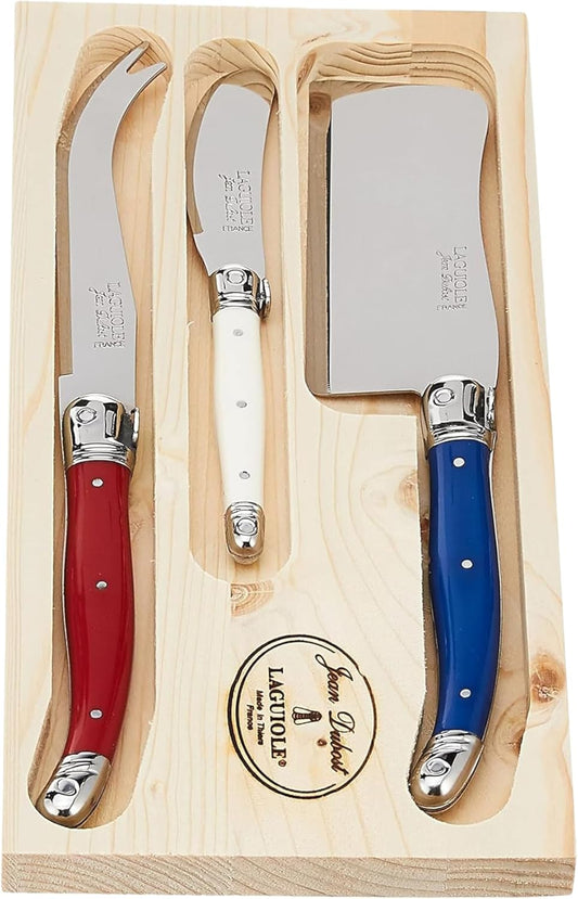 Laguiole 3-Piece Cheese Knife Set, Paris-Colored Handles - Rust-Resistant Stainless Steel - Includes Wooden Tray - Made in France