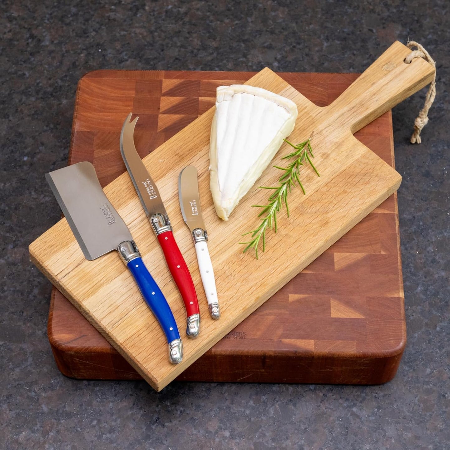 Laguiole 3-Piece Cheese Knife Set, Paris-Colored Handles - Rust-Resistant Stainless Steel - Includes Wooden Tray - Made in France