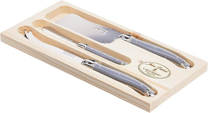 Laguiole 3-Piece Cheese Knife Set, Paris-Colored Handles - Rust-Resistant Stainless Steel - Includes Wooden Tray - Made in France