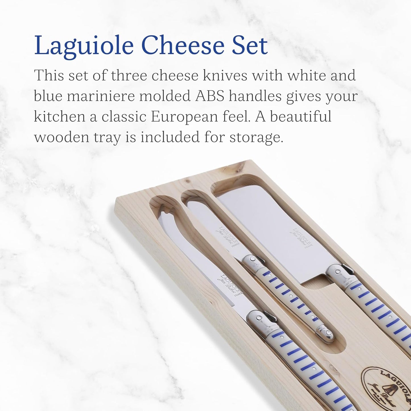 Laguiole 3-Piece Cheese Knife Set, Paris-Colored Handles - Rust-Resistant Stainless Steel - Includes Wooden Tray - Made in France