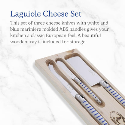 Laguiole 3-Piece Cheese Knife Set, Paris-Colored Handles - Rust-Resistant Stainless Steel - Includes Wooden Tray - Made in France
