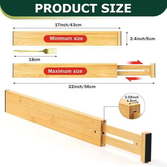 Kitchen Drawer Dividers 6 Pack Bamboo Drawer | 17-22" Adjustable, Spring Loaded, Expandable Utensil Organizer, Works in Kitchen, Dresser, Closet, Bathroom, Bedroom