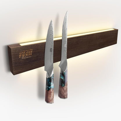 16 Inches Lighted Magnetic Knife Strip, Backlit LED Utensil Holder for Wall and Refrigerator, Magnet Knife Rack for Home Kitchen, No Drill (Ash Wood, Dark Brown)