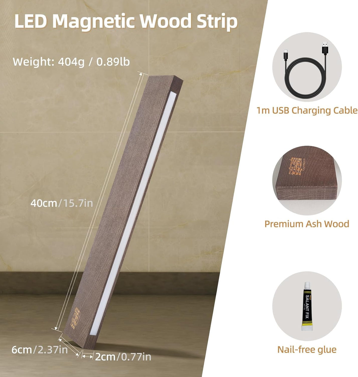 16 Inches Lighted Magnetic Knife Strip, Backlit LED Utensil Holder for Wall and Refrigerator, Magnet Knife Rack for Home Kitchen, No Drill (Ash Wood, Dark Brown)