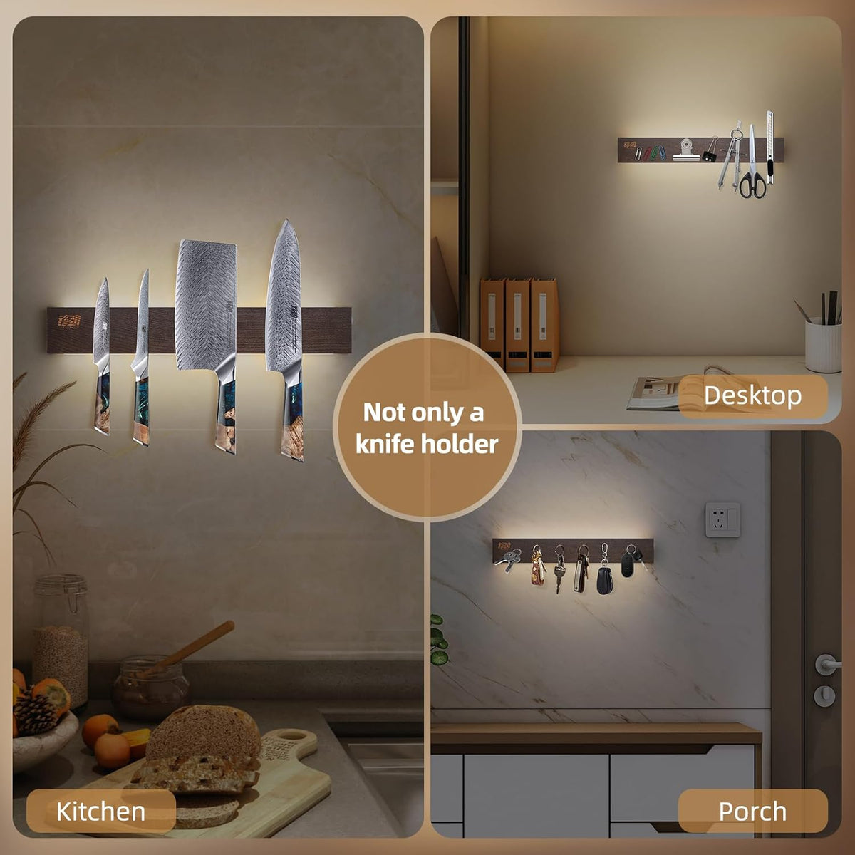 16 Inches Lighted Magnetic Knife Strip, Backlit LED Utensil Holder for Wall and Refrigerator, Magnet Knife Rack for Home Kitchen, No Drill (Ash Wood, Dark Brown)