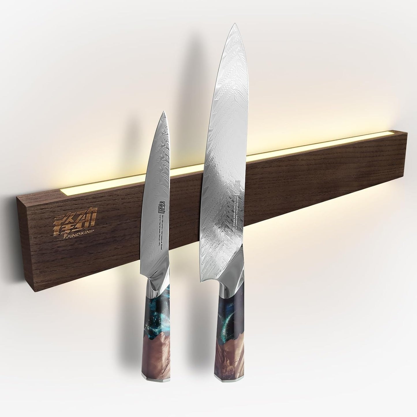16 Inches Lighted Magnetic Knife Strip, Backlit LED Utensil Holder for Wall and Refrigerator, Magnet Knife Rack for Home Kitchen, No Drill (Ash Wood, Dark Brown)