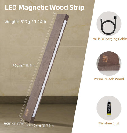 16 Inches Lighted Magnetic Knife Strip, Backlit LED Utensil Holder for Wall and Refrigerator, Magnet Knife Rack for Home Kitchen, No Drill (Ash Wood, Dark Brown)