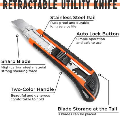 3Pack Box Cutter Retractable, Snap Off Utility Knife, Razor Knife