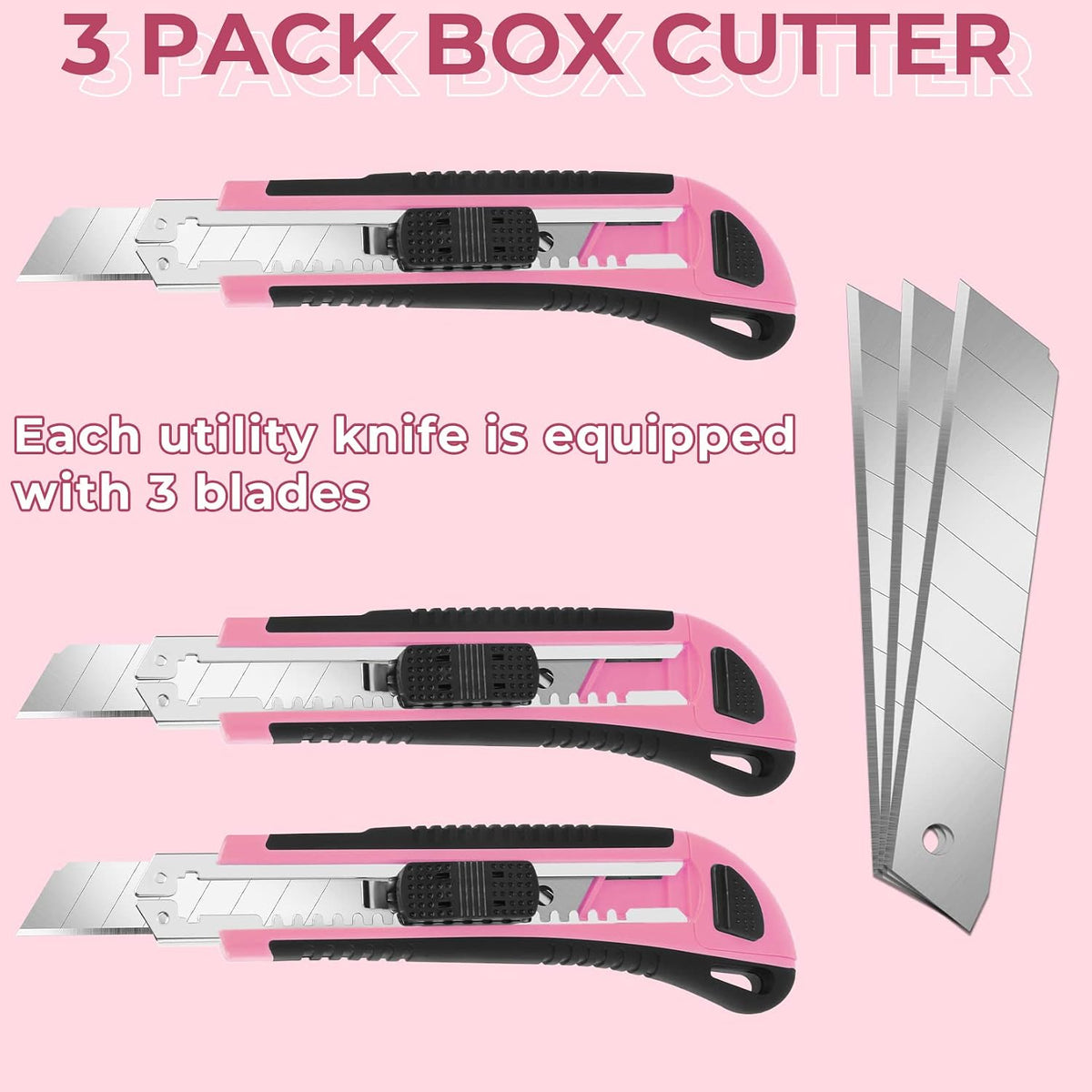 3Pack Box Cutter Retractable, Snap Off Utility Knife, Razor Knife