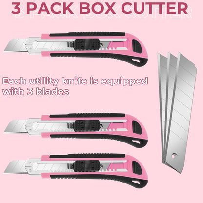 3Pack Box Cutter Retractable, Snap Off Utility Knife, Razor Knife