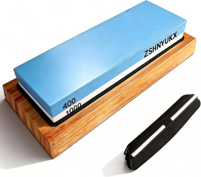 Knife Sharpening Stone 400/1000 Grit, Whetstone 2-in-1 Professional Sharpening Stones for Knives, Sharpener Stone with Non-Slip Bamboo Base, Kitchen Knife Sharpener for Straight & Serrated Edges