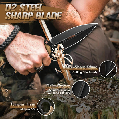 Tactical Fixed Blade Knife with Sheath - Survival Knives for Men | Full Tang D2 Steel Outdoor Camping Knife, Ergonomic Non-Slip Handle, Lightweight Design for Easy Carry, Gifts for Men
