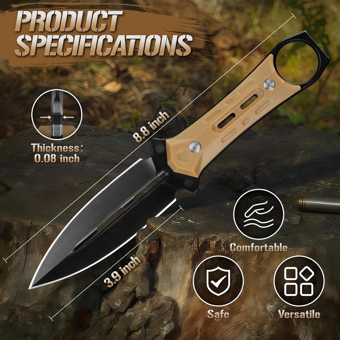 Tactical Fixed Blade Knife with Sheath - Survival Knives for Men | Full Tang D2 Steel Outdoor Camping Knife, Ergonomic Non-Slip Handle, Lightweight Design for Easy Carry, Gifts for Men