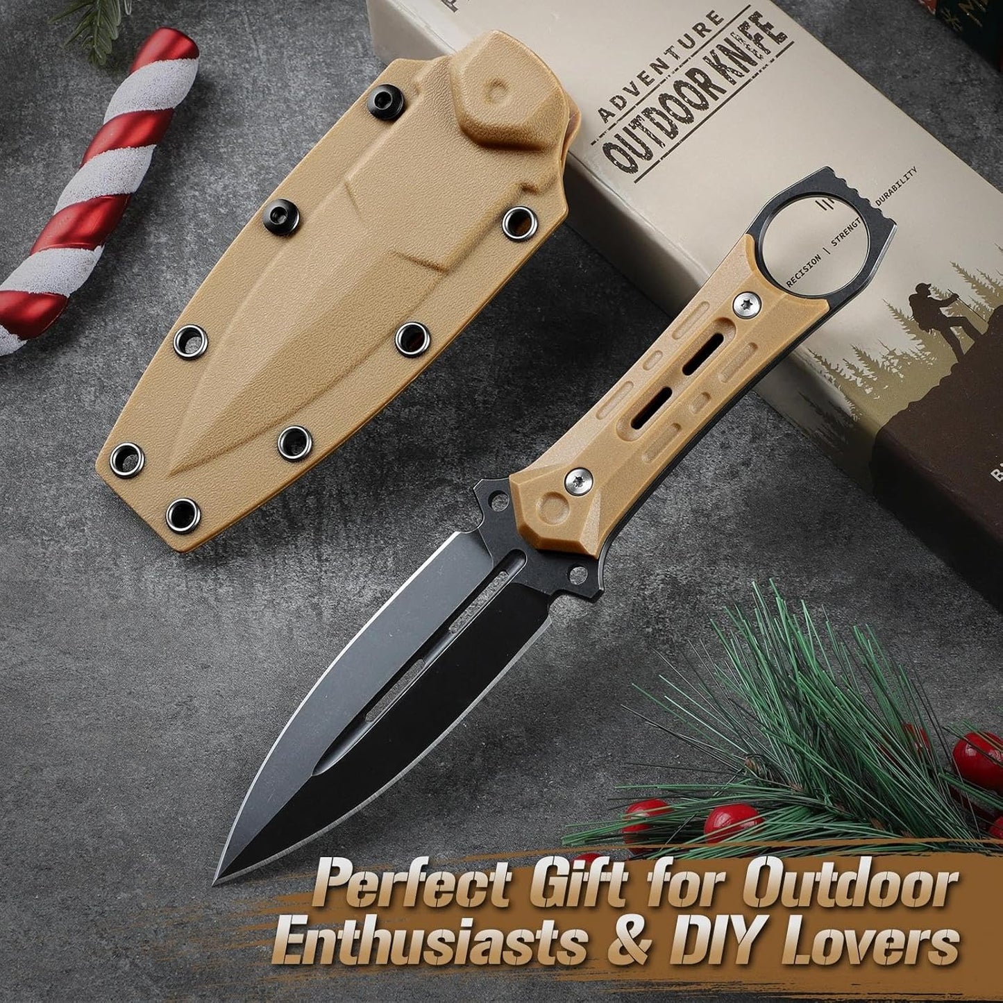 Tactical Fixed Blade Knife with Sheath - Survival Knives for Men | Full Tang D2 Steel Outdoor Camping Knife, Ergonomic Non-Slip Handle, Lightweight Design for Easy Carry, Gifts for Men