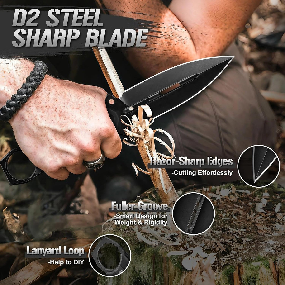 Tactical Fixed Blade Knife with Sheath - Survival Knives for Men | Full Tang D2 Steel Outdoor Camping Knife, Ergonomic Non-Slip Handle, Lightweight Design for Easy Carry, Gifts for Men