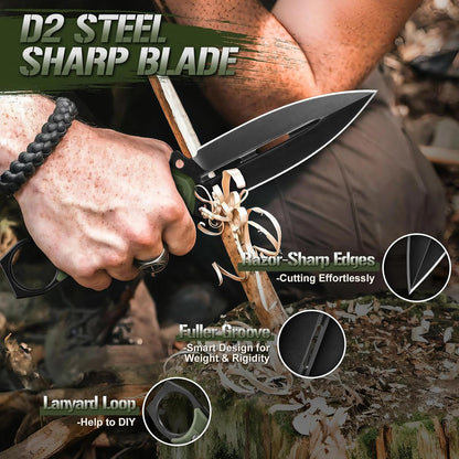 Tactical Fixed Blade Knife with Sheath - Survival Knives for Men | Full Tang D2 Steel Outdoor Camping Knife, Ergonomic Non-Slip Handle, Lightweight Design for Easy Carry, Gifts for Men